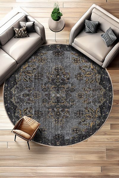 BigArts Home Antrasit Eskitme Klasik Desenli Şönil Salon Mutfak Kilim Yuvarla...