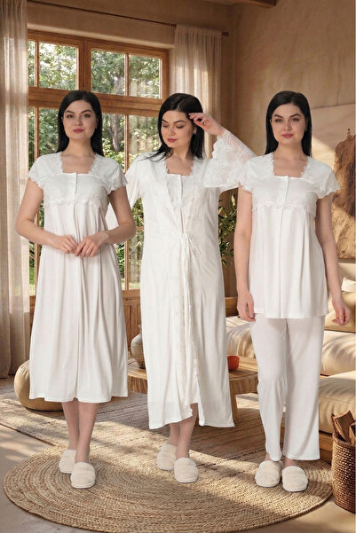 Lohusa Homewear مجموعة ملابس نوم أنيقة من New Season Ecru مزينة بالدانتيل ومز...