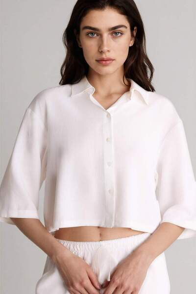 DeFacto Πουκάμισο μεγάλου μεγέθους με γιακά από λινό, κοντομάνικο πουκάμισο H...