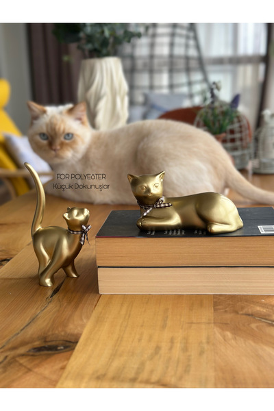 FOR POLYESTER Küçük Dokunuşlar Altın 2’li Kedi Biblo Takım/Kitaplık/ Sehpa Üs...