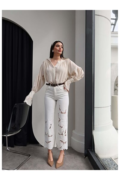 ESRAHELVACI Τζιν ψηλόμεσο με κεντημένα λουλούδια