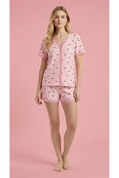 MEBA Kadın Kısa Kol Dantel Detaylı Düğmeli Bürümcük Şortlu Pijama Takımı