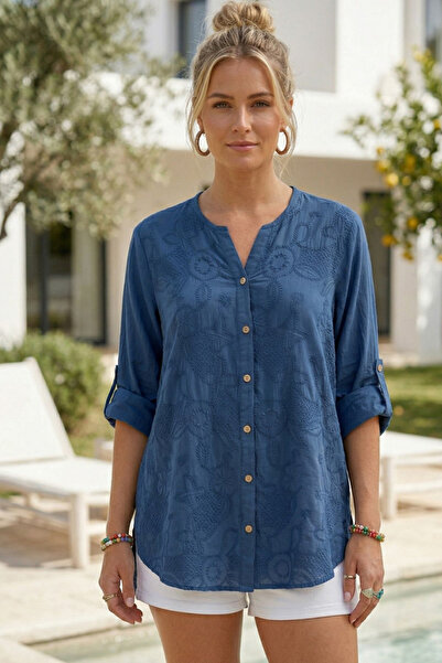 Chiccy Σκούρο μπλε πουκάμισο με ριγέ γιακά, με κουμπιά, μανίκι 3/4, κεντημένο...