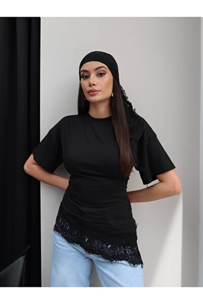 ESRAHELVACI Lace Hem Asymmetrical Tshirt
