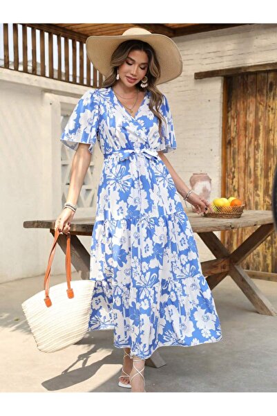 Iuliashop Rochie lungă Fidelia Albastră cu imprimeu floral alb - XS