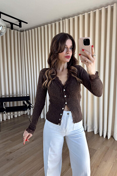 Sue Store Bitter Brown Lace Detailed Buttoned Wool Cardigan