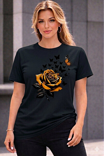 VODEXA Tricou oversize pentru femei, cu imprimeu YELLOW ROSE, 100% bumbac, cr...