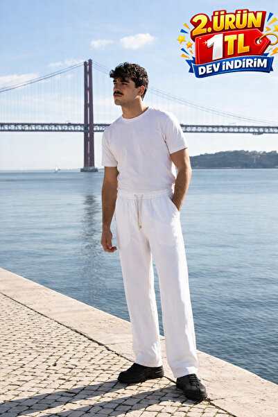 DAMGA JEANS Men's Elastic Waist Jogger White Linen Trousers