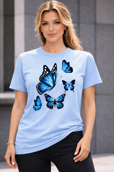 VODEXA Tricou oversize BLUE BUTTERFLIES Imprimat 100% bumbac Tricou cu croial...