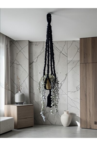 Love Macrame El Yapımı Siyah Makrome Bitki Askısı 100 cm Bohem Saksı Askılığı...