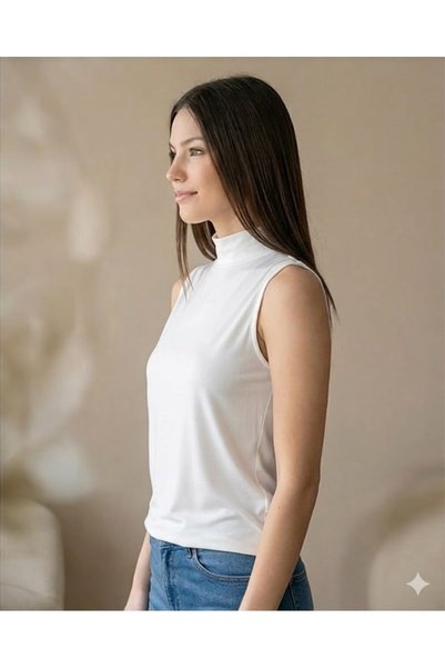 LİRONA Lirona-Women's Sleeveless Semi Turtleneck Modal Blouse