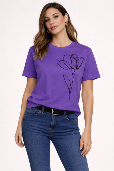 VODEXA Tricou oversize pentru femei, cu imprimeu BLACK FLOWER, 100% bumbac, c...