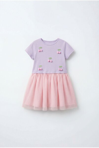 Magu Girl's Cotton Lilac Cherry Appliqué Tulle Dress