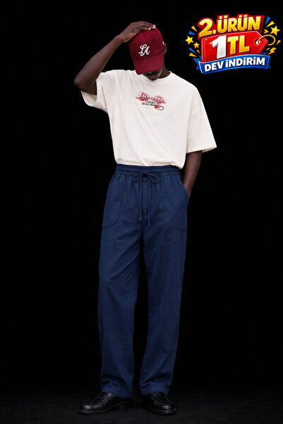 DAMGA JEANS Men's Low Waist Premium Loose Fit Navy Blue Linen Trousers