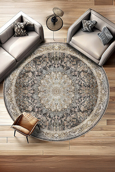 BigArts Home Vintage Kahverengi Salon Mutfak Halısı Yuvarlak Halı ve Yolluk Ş...