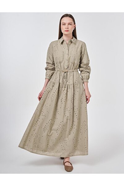 Kayra Rochie cu guler brodat verde mucegai 23062