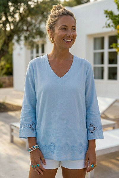 Chiccy Light Blue V-Neck 3/4 Sleeve Hole Embroidery Casual Cotton Woven Blous...