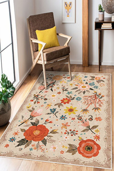 Mortapi Bej Floral Desen Baskılı Kaymaz Yıkanabilir Salon Oturma Odası Mutfak...
