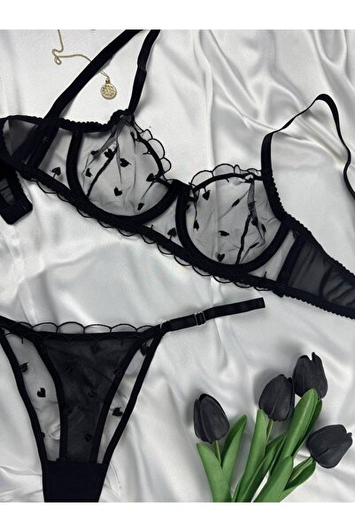 ROZENİN LINGERIE Minik Kalp Desenli İç Çamaşır Takımı ( Sütyen & Tanga )