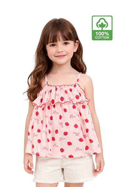 Girls Summer Strawberry Rope Strap - 100% Cotton Strawberry Pattern Top Ruffle Blouse