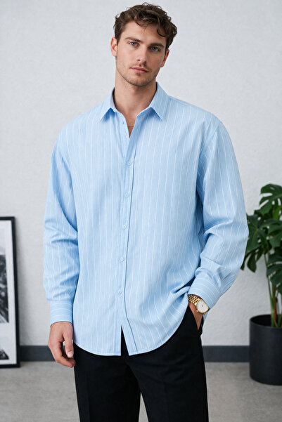 İLKCET MODA Woven Fabric Baby Blue Oversize Men's Shirt