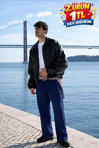 DAMGA JEANS Men's Elastic Waist Jogger Navy Blue Linen Trousers