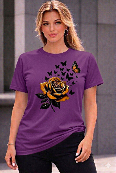VODEXA Γυναικείο μπλουζάκι oversize με στάμπα YELLOW ROSE, 100% βαμβακερό, άν...