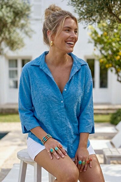 Chiccy Μπλε πουκάμισο με γιακά, 3/4 μανίκια, με κουμπιά, κεντημένο, με οβάλ τ...