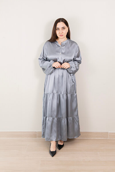 LINELLE Grey Satin-Like Tiered Maxi Dress