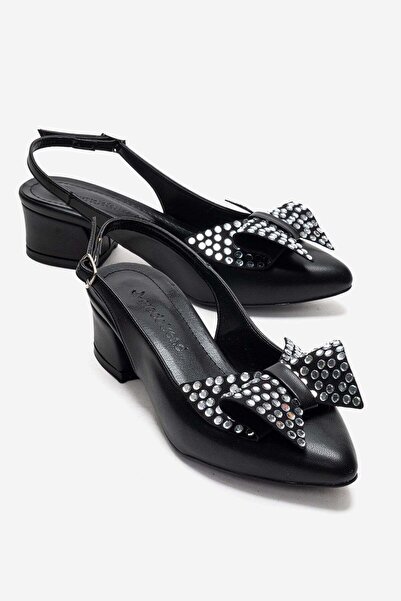 CCWAY AYAKKABI Γυναικεία πέδιλα με παπιγιόν και πέτρινο τακούνι ΜΑΥΡΟ ΔΕΡΜΑΤΙΝΟ