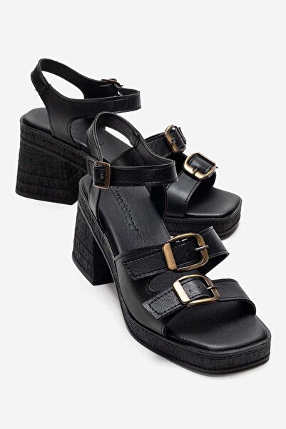 CCWAY AYAKKABI Γυναικεία πέδιλα με τακούνι και 2 αγκράφες ΜΑΥΡΟ