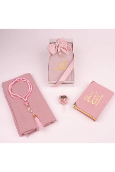 Hayrat Neşriyat Scarf + Prayer Beads + Zikirmatik + Large Pocket Size Quran Gift Set (Lafzatullah, Pink)
