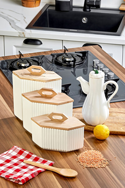 Akkoyunlu home Modern Hexagonal Set of 4 Ceramic Jars and Pumpkin Oil Dispens...