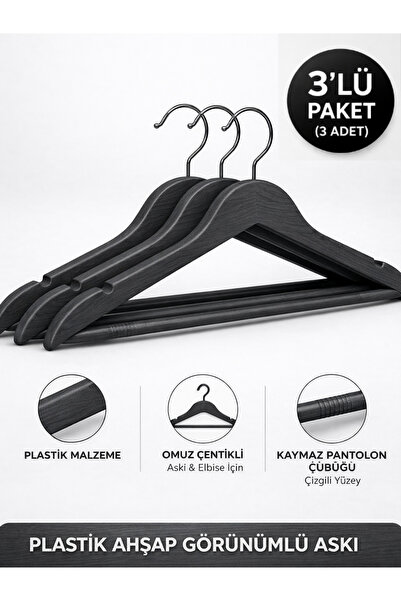 BEYLİNİ 3'lu Ahşap Görünümlü Plastik Askılık Yetişkin Kıyafetleri İçin Dayanı...