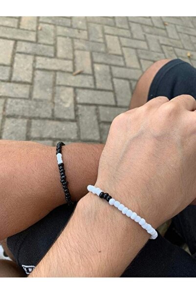 Shiklik Set of 2 Black and White Pearl Detailed Lover's Combination Bracelets
