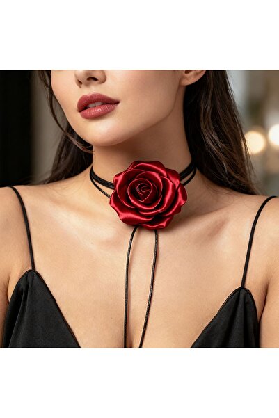 Belora Κολιέ τσόκερ με κόκκινο τριαντάφυλλο και ρυθμιζόμενο κορδόνι