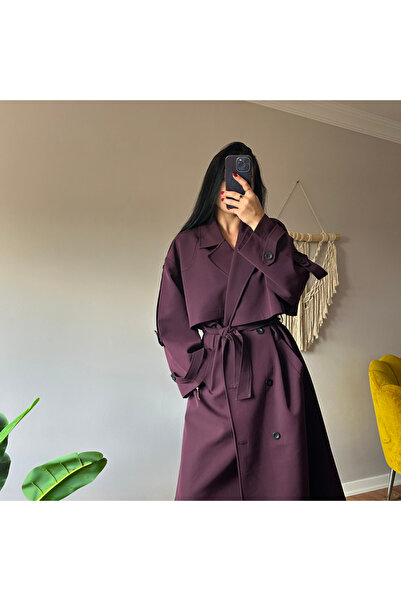 LUMİ MÜRDÜM DÜĞMELİ MANŞET DETAY KUŞAKLI TRENÇKOT