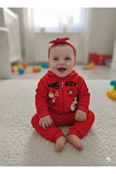 ALİZA COLLECTİON Mickey Mouse Baskılı Kulak Detaylı Erkek Bebek Tulum - Kırmızı