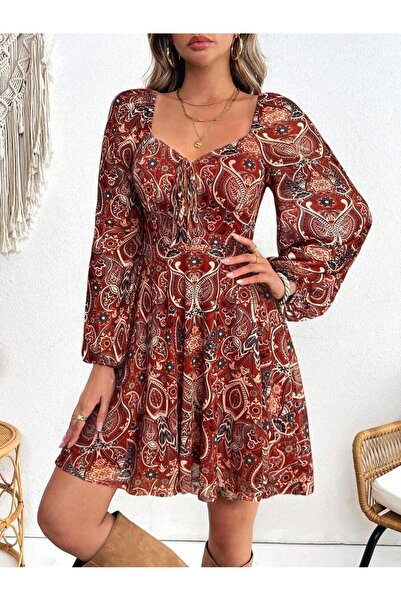 Iuliashop Rochie scurtă maro Liana cu imprimeu alb - S