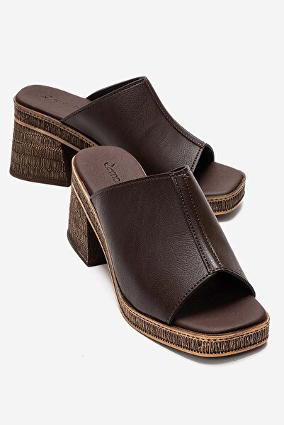 CCWAY AYAKKABI Women's Wide-Faced Heeled Slippers Brown