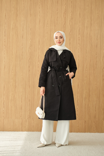 LOCCO Γυναικεία καμπαρντίνα με λεπτομέρεια στον ώμο, διπλό γιακά, μήκους midi...