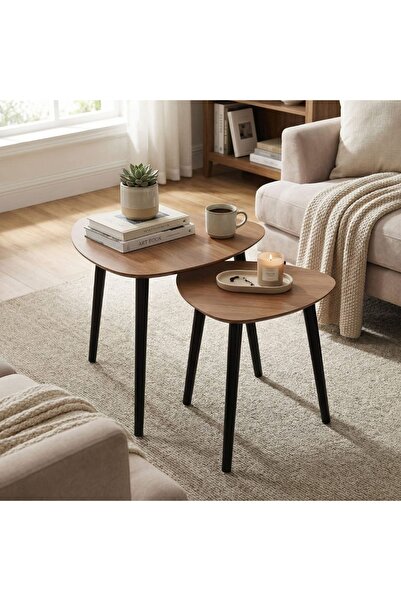 Trends4You Σετ 2 τραπεζιών σαλονιού / βοηθητικών τραπεζιών – ξύλο + μαύρα πόδ...