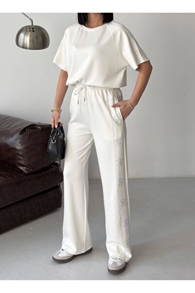 DEMORA Official Modal Fabric Stripe Stone Detailed Oversized Double Women's Set