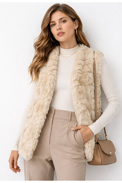 Nobrand Μακρύ μπεζ γιλέκο από τεχνητή γούνα, χωρίς τσέπες, κομψή ίσια γραμμή,...