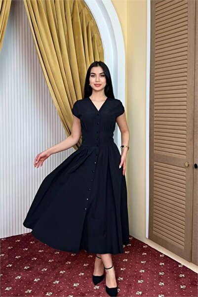 Neşeli Butik Women's Black Feminine Cut Waist Detailed Buttoned Midi Length D...