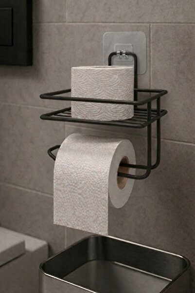 Yapışkanlı Tuvalet Kağıtlığı Delmesiz Vidalamasız Metal Banyo Kağıtlık Askısı Siyah S-120