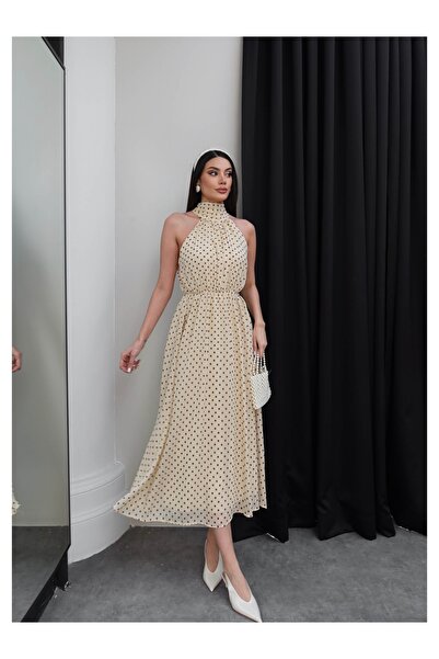 ESRAHELVACI Μακρύ φόρεμα με πουά και λαιμόκοψη halter