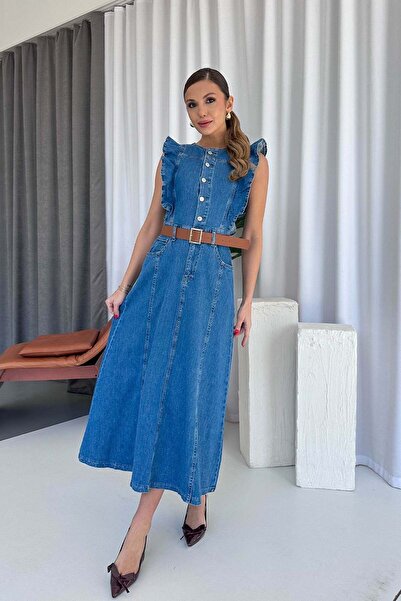 Mine Tan Butik Shoulder Ruffle Detailed Denim Women's Belted Dress