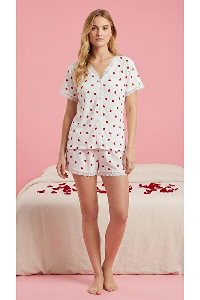 MEBA Women's Short Sleeve Lace Detailed Buttoned Wrinkled Shorts Pajama Set