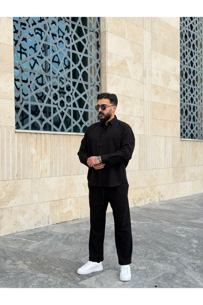 PEERLESS STORE طقم قميص وبنطلون من الكتان المجعد بمقاس كبير